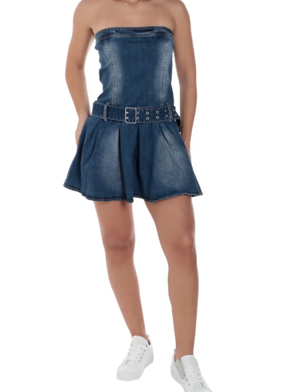 NEW Love Tree Denim Large Strapless Denim Mini Dress with Belt
